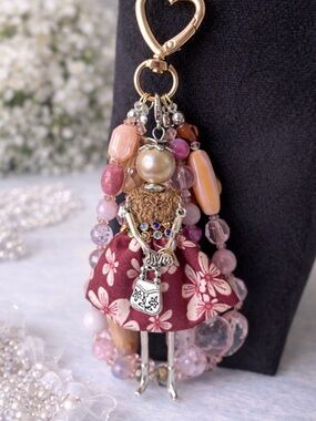 Handcrafted Pink Floral Doll Keychain Charm - Unbranded